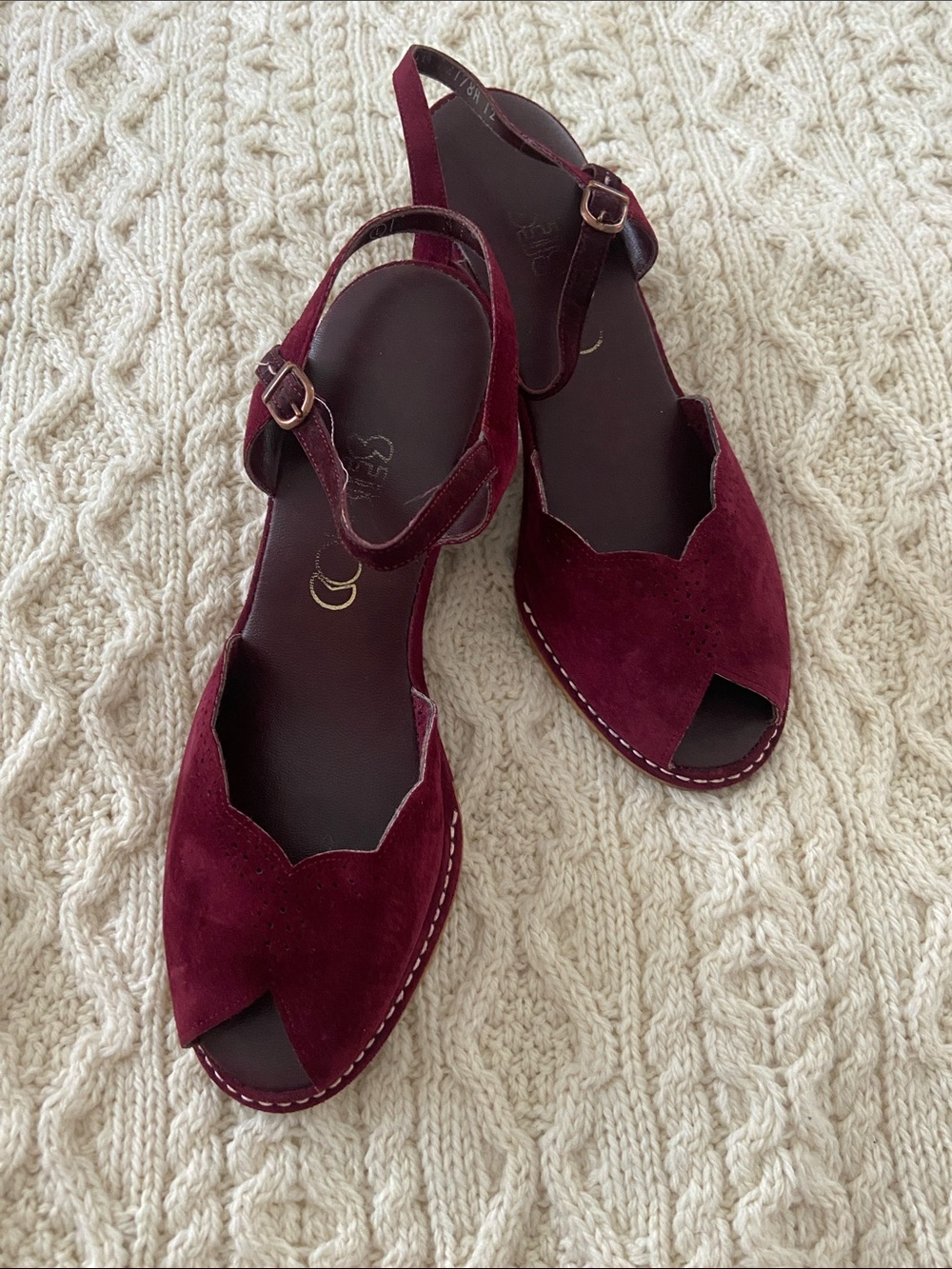 Vintage Burgundy Suede Scalloped Peep-Toe Ankle Strap Wedge Sandals